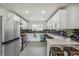 Contemporary kitchen features white cabinets, black backsplash, stainless steel appliances, and a stylish breakfast bar at 3540 E 91St Ave, Thornton, CO 80229