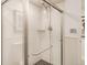 Modern glass enclosed shower features a rainfall shower head and black tiled floor at 506 N Marion St, Denver, CO 80218