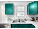 This kitchen features stainless steel appliances, green cabinets, and marble-look countertops at 1803 E 36Th Ave, Denver, CO 80205