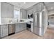 Well-lit kitchen with gray cabinets, stainless steel appliances, and modern fixtures at 11702 Perry St, Westminster, CO 80031