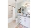 Clean bathroom with white vanity and shower/tub combo at 6816 Goldbranch Dr, Niwot, CO 80503