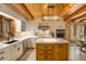 Modern kitchen with white cabinets, tile backsplash, stainless steel appliances and a wooden island at 17940 Smugglers Rd, Monument, CO 80132