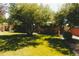 A backyard with a lawn and mature trees, and a brick home behind it at 65 Reed St, Lakewood, CO 80226