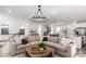 Open-concept living room featuring a large sectional sofa, wood floors, modern lighting, and seamlessly connects to the kitchen at 15774 W Girard Ave, Morrison, CO 80465