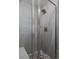 Elegant glass enclosed shower featuring gray tile, a pebble floor, and rainfall shower head at 719 Robert St, Longmont, CO 80503