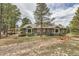 Scenic backyard featuring a patio, mature trees, landscaping, and charming red footbridge at 19475 Stag Ln, Monument, CO 80132