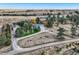 Aerial view showcasing the home, outbuilding, long driveway, and surrounding landscape and trees at 8700 Flintwood Rd, Parker, CO 80138