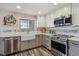 Bright kitchen with stainless steel appliances and contrasting white and grey cabinets at 13215 Peacock Dr, Lone Tree, CO 80124