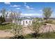 Charming white home with green roof, surrounded by trees and a swing set at 17445 County Road 6, Brighton, CO 80603