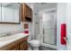Small bathroom with a vanity, toilet, and walk-in shower with sliding glass doors at 14261 W Evans Cir, Lakewood, CO 80228