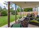 Relaxing covered patio with outdoor seating and view of the lush, fenced backyard at 14261 W Evans Cir, Lakewood, CO 80228