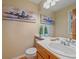Well-lit half bathroom features modern fixtures, aviation-themed decor, and a large mirror at 4228 Scenic Village Dr, Evergreen, CO 80439