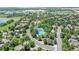 Aerial shot of a community showcasing a pool, tennis courts, winding roads, and lush, mature trees at 7872 S Hill Dr, Littleton, CO 80120