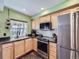 Modern kitchen with stainless steel appliances, black countertops, and green walls at 7872 S Hill Dr, Littleton, CO 80120