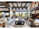 Bright living room featuring stone accents, a fireplace, and large windows offering picturesque views of the surrounding landscape at 7208 Raphael Ln, Littleton, CO 80125