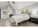 Bedroom with white brick fireplace, vaulted ceilings, neutral decor, and large windows at 6248 S Coventry Ln, Littleton, CO 80123