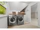 Convenient laundry room with front loading washer and dryer, plus ample storage at 6248 S Coventry Ln, Littleton, CO 80123