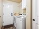Practical laundry room featuring a washer and dryer set, white cabinets, and a convenient folding area at 3305 White Oak Ln, Highlands Ranch, CO 80129