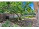 Landscaped backyard featuring a mature tree, wooden fence, and brick-lined planting beds at 2518 S Patton Ct, Denver, CO 80219
