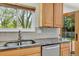 Close-up of the kitchen sink with wood cabinets and a window view of the backyard at 1250 Acropolis Dr, Lafayette, CO 80026