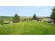 Expansive backyard featuring lush green lawn, mature trees, and manicured landscaping at 15779 W 83Rd Pl, Arvada, CO 80007