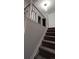Hallway featuring new carpet, white walls, and white railing with dark spindles at 5319 Morning Glory Pl, Highlands Ranch, CO 80130