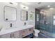 Contemporary bathroom with dual sinks, sleek fixtures, and a glass-enclosed shower for a spa-like experience at 2831 Spruce St, Denver, CO 80238