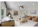 Bright living room featuring a ceiling fan, white sofa, and cozy seating area with decor at 3653 E 133Rd Ct, Thornton, CO 80241