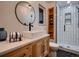 Chic bathroom featuring a modern vanity, vessel sink, and a stylish walk-in shower at 8916 Sunridge Hollow Rd, Parker, CO 80134