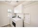 Well-lit laundry room featuring modern washer and dryer, white cabinets, and a convenient storage shelf at 736 Trenton St, Denver, CO 80230