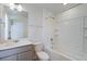 Bathroom showcasing vanity sink, toilet and shower with tub at 13489 Valentia Pl, Thornton, CO 80602