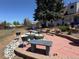 Backyard featuring a brick patio with garden decor and a mature shade tree at 4383 S Eagle Cir, Aurora, CO 80015