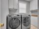 Modern laundry room features gray cabinets, white walls, and a new washer and dryer at 2485 Greensborough Cir, Highlands Ranch, CO 80129