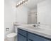 Bathroom featuring a white sink, blue cabinets and a shower behind a glass door at 1981 S Hannibal Ct # B, Aurora, CO 80013