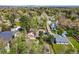 Aerial view showcasing a neighborhood with lush trees and various home styles, with a glimpse of the city skyline at 1051 Independence St, Lakewood, CO 80215