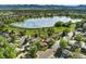 Picturesque aerial shot of a cozy home by a serene lake with mountain views at 1713 S Holland St, Lakewood, CO 80232