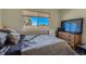 Bedroom featuring a neutral color scheme, a window with a neighborhood view, and comfortable carpet at 3354 S Flower St # 14, Lakewood, CO 80227