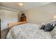Cozy bedroom featuring neutral tones, carpeted floor, a patterned comforter, and a built-in wardrobe at 2609 S Dahlia St, Denver, CO 80222
