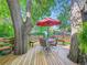 Spacious deck with a large umbrella, outdoor seating and views of the yard at 2609 S Dahlia St, Denver, CO 80222