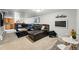 Cozy living room featuring a comfortable leather sofa, coffee table, and plush carpet at 5573 S Datura St, Littleton, CO 80120