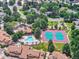 Aerial view showcasing the community pool and tennis courts surrounded by mature trees at 2132 S Scranton Way, Aurora, CO 80014