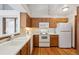 Efficient kitchen with white appliances and oak cabinets at 2132 S Scranton Way, Aurora, CO 80014