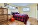 Bright bedroom features hardwood floors, natural light, and red and black Buffalo check bedding at 3094 S Hobart Way, Denver, CO 80227