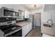 Modern kitchen with stainless steel appliances, white cabinets, and stylish backsplash detail at 1403 Valentia St, Denver, CO 80220