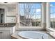Bright bathroom with a soaking tub overlooking a scenic view at 11584 Pine Canyon Ln, Parker, CO 80138