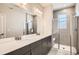 Modern bathroom with dual sinks, large mirror, and glass-enclosed shower with tiled walls at 9654 Browns Peak Cir, Littleton, CO 80125