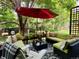 Cozy patio furniture under an umbrella in a landscaped backyard at 7909 Fairfax Ct, Niwot, CO 80503