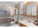 Well-lit bathroom with a sliding glass shower door and mirrored medicine cabinet at 7644 Wyandot St, Denver, CO 80221