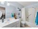 Cozy bathroom with a shower-tub combo, a toilet, and a sink with traditional vanity at 7172 S Vine Cir, Centennial, CO 80122
