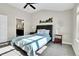 Comfortable bedroom with a Western decor, featuring a cozy bed, ceiling fan, and en-suite bathroom at 7633 S Addison Way, Aurora, CO 80016